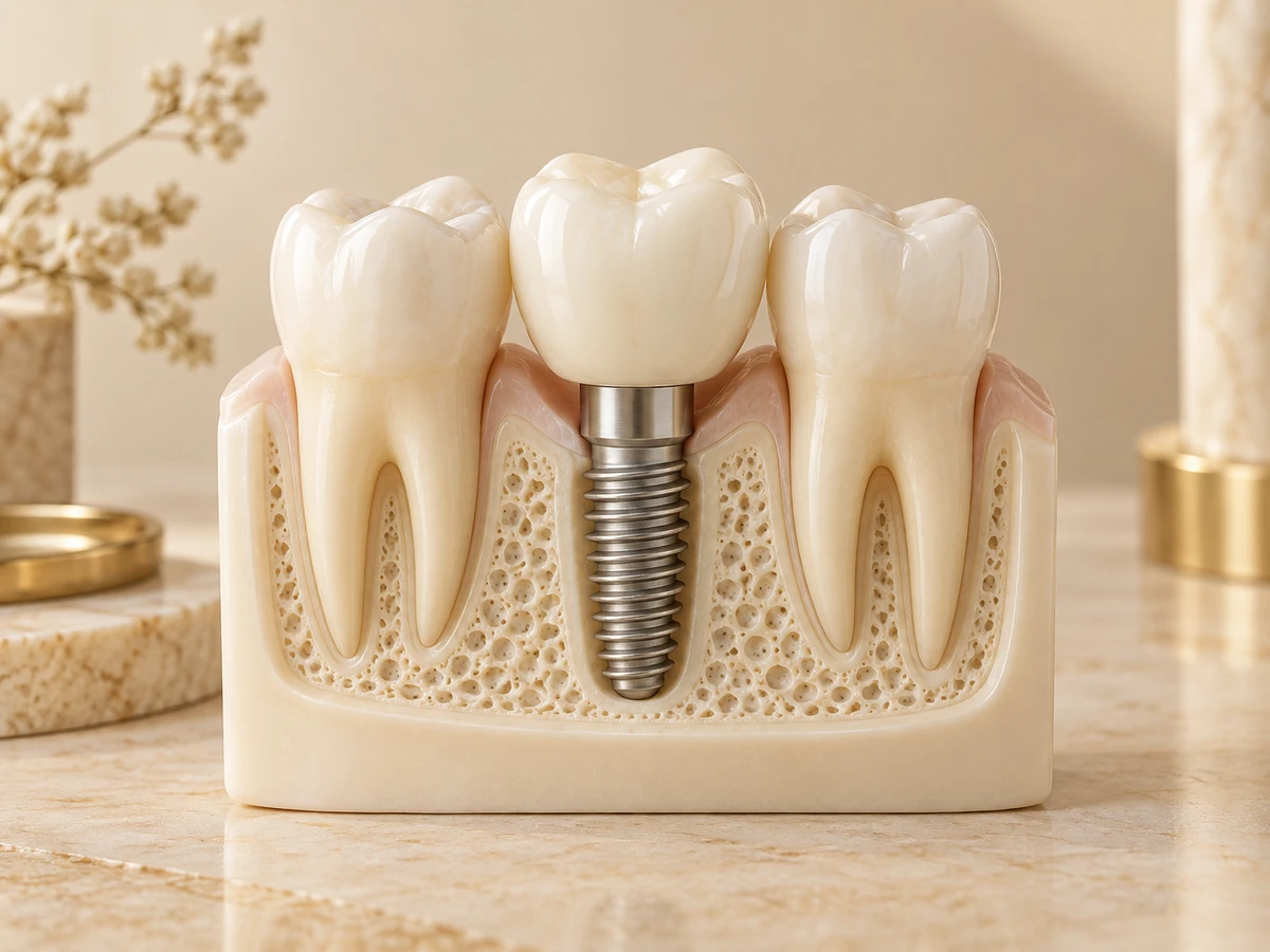 Ilustração de um modelo odontológico mostrando um implante e sua coroa, em tons de creme e dourado.